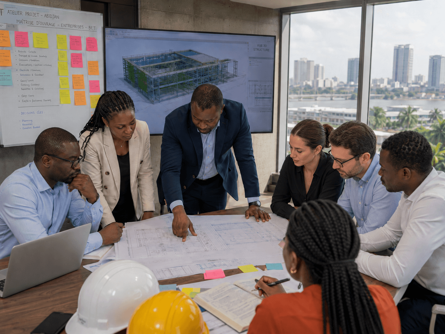 Atelier de travail collaboratif réunissant des professionnels du BTP autour d'une table.
